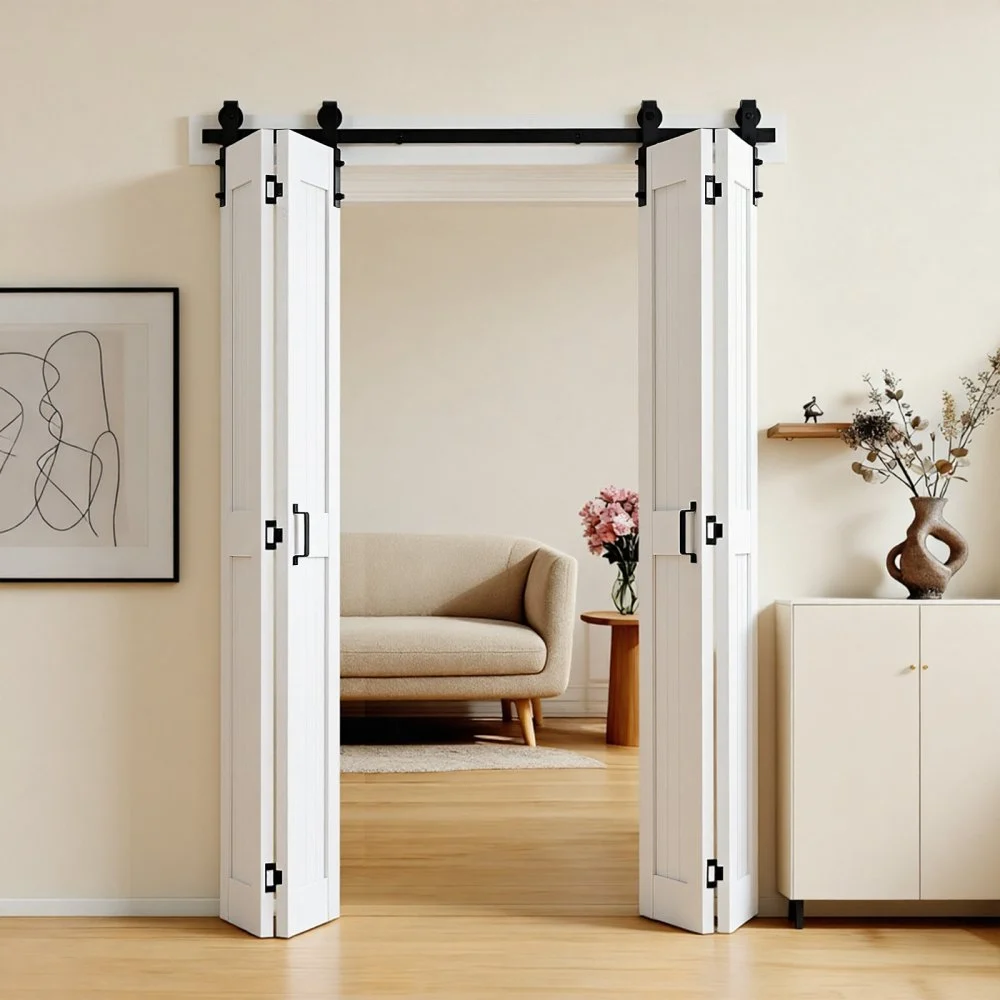 VEVOR Bifold Barn Door, 48" x 84", MDF Bi-Fold Sliding Closet Doors, Hardware Kit Included, H-Frame Space-Saving Design, Pre-Assembled Panels for Bedroom, Living Room, Wardrobe and Room Divider, White