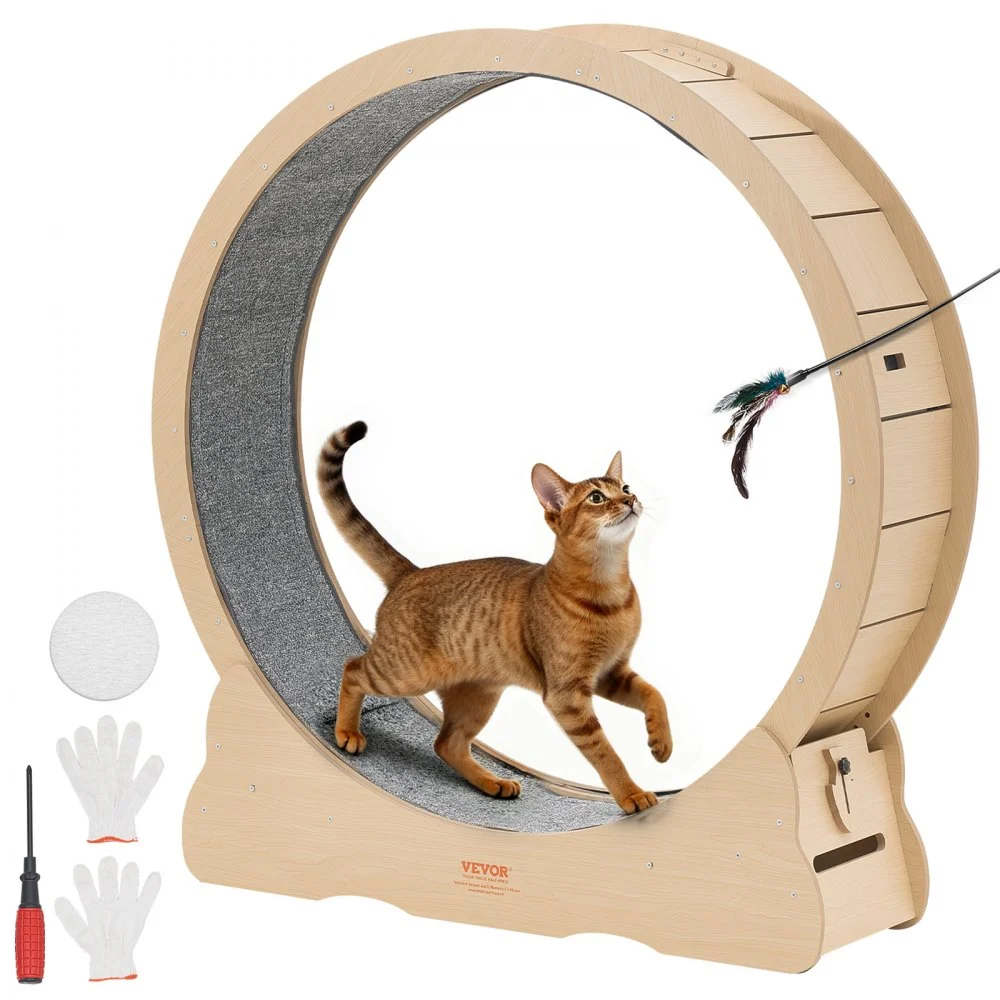 VEVOR Cat Exercise Wheel, 48 in Wooden Cat Running Wheel for Indoor Cats up to 28 lbs, Cats Treadmill with Carpeted Runway & Locking Mechanism, Quiet Roller Kitten Sport Toys for Pets Fitness & Health
