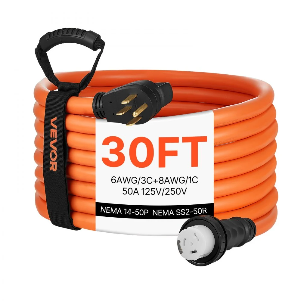 VEVOR 50 Amp Generator Cord, 30 Feet, 125/250V RV Power Cord NEMA 14-50P to SS2-50R with Twist Lock, Grip Handle, Heavy Duty 6AWG/3 + 8AWG/1 Generator Cable, for RV Camper Generator to House, Orange