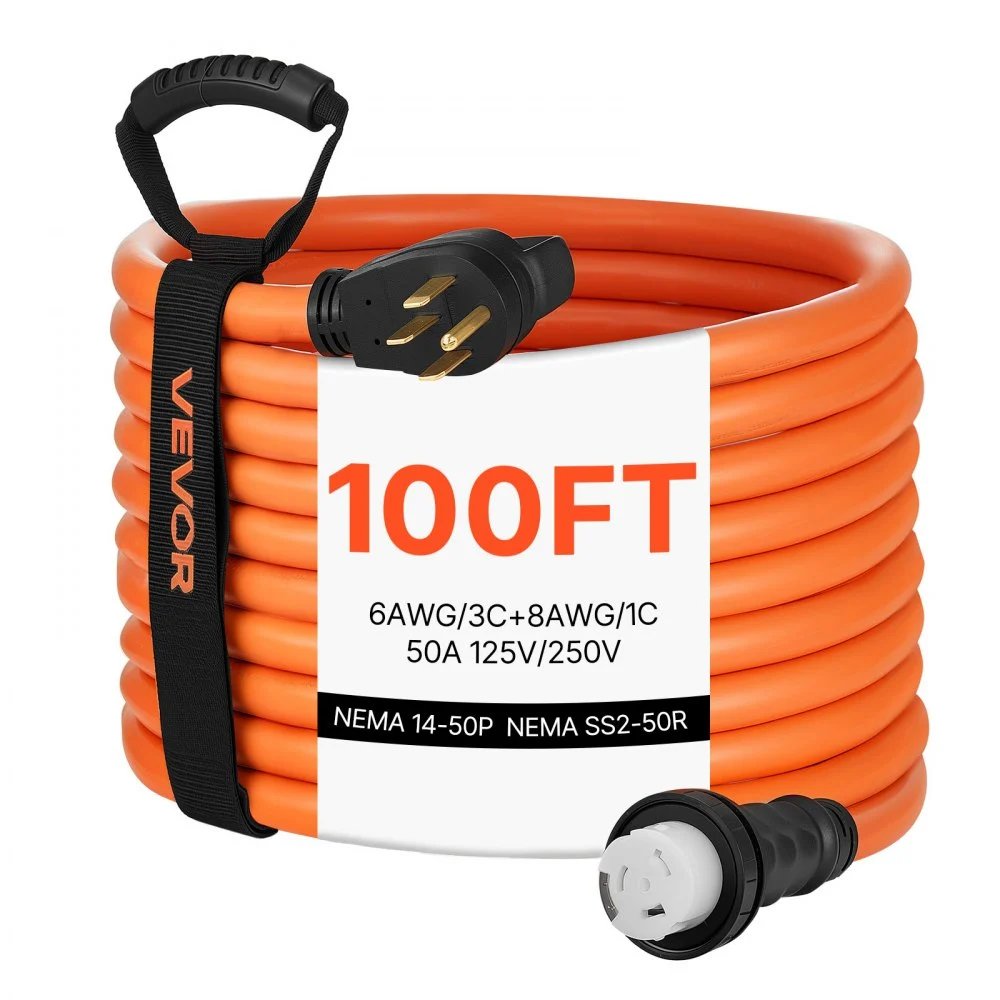 VEVOR 50 Amp Generator Cord, 100 Feet, 125/250V RV Power Cord NEMA 14-50P to SS2-50R with Twist Lock, Grip Handle, Heavy Duty 6AWG/3 + 8AWG/1 Generator Cable, for RV Camper Generator to House, Orange