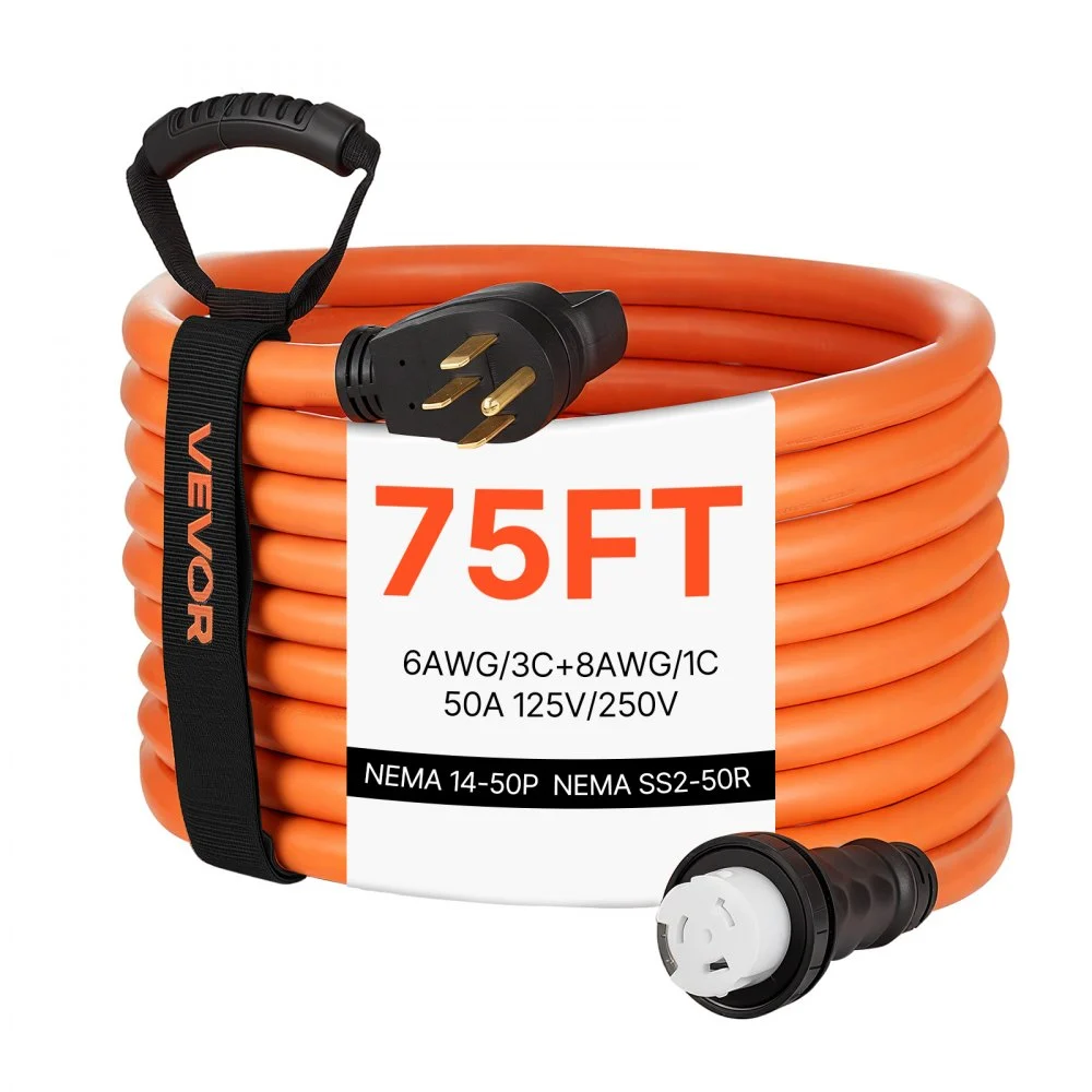 VEVOR 50 Amp Generator Cord, 75 Feet, 125/250V RV Power Cord NEMA 14-50P to SS2-50R with Twist Lock, Grip Handle, Heavy Duty 6AWG/3 + 8AWG/1 Generator Cable, for RV Camper Generator to House, Orange