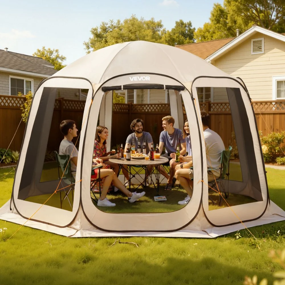 VEVOR Screen House Tent, 12 x 11 ft, 10-12 Person Pop Up Screen Tent, Portable Screened in Canopy with Carry Bag, Netting Sides, Ground Stakes, for Garden, Patio, Backyard, Outdoor Activities, Beige