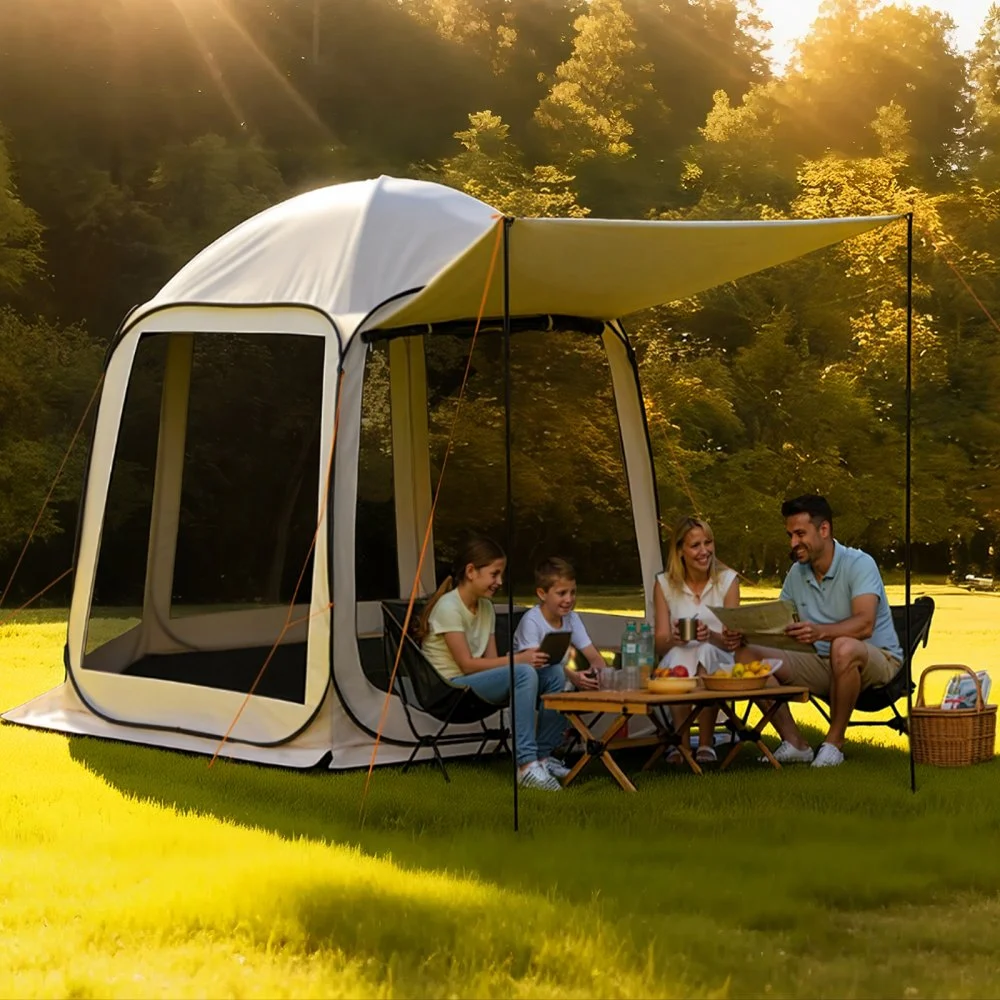 VEVOR Screen House Tent, 10 x 9.2 ft, 4-8 Person Pop Up Screen Tent with Extended Awning, Portable Screened in Canopy with Carry Bag, Netting Sides, for Patio, Backyard, and Outdoor Activities, Beige