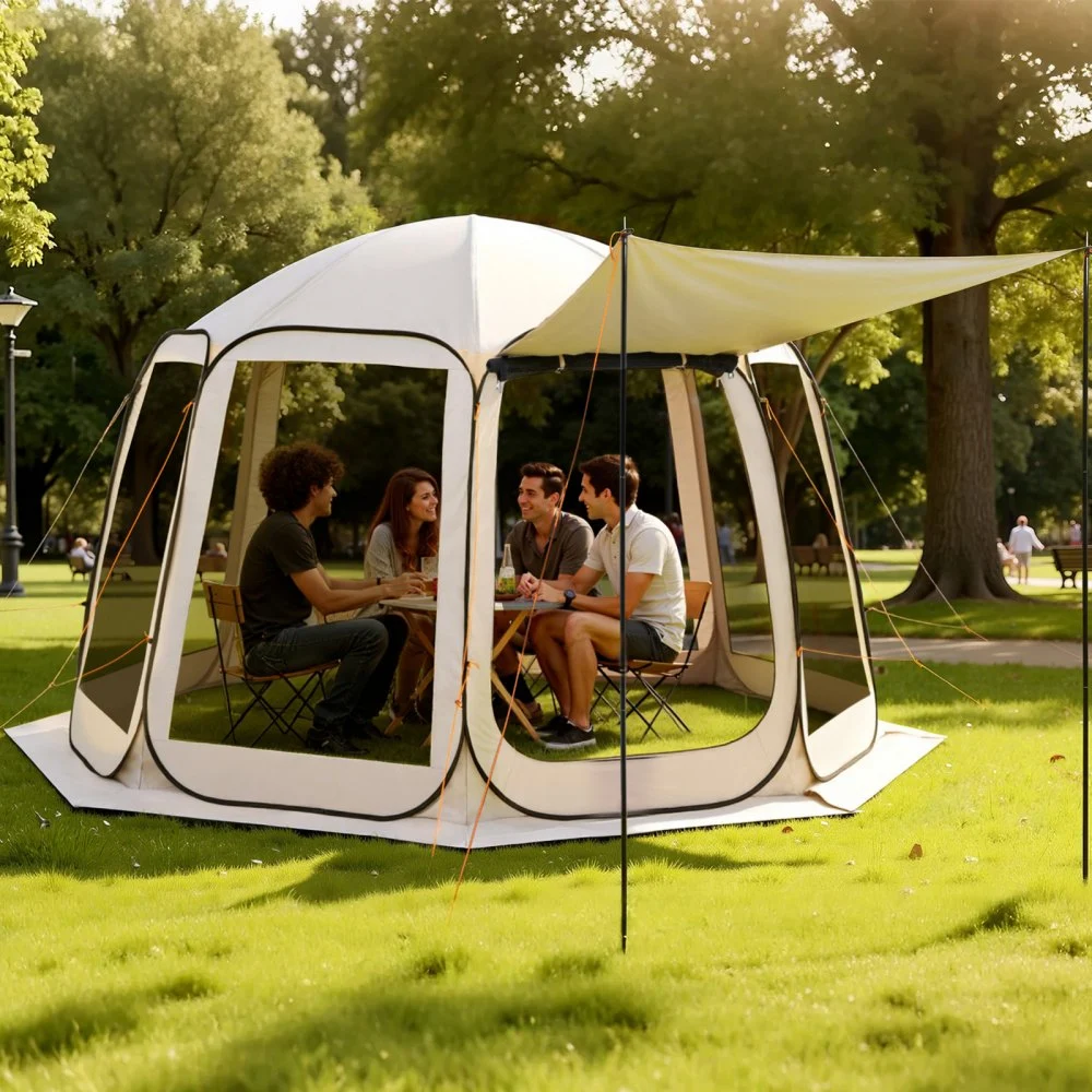 VEVOR Screen House Tent, 12 x 11 ft, 10-12 Person Pop Up Screen Tent with Extended Awning, Portable Screened in Canopy with Carry Bag, Netting Sides, for Patio, Backyard, and Outdoor Activities, Beige