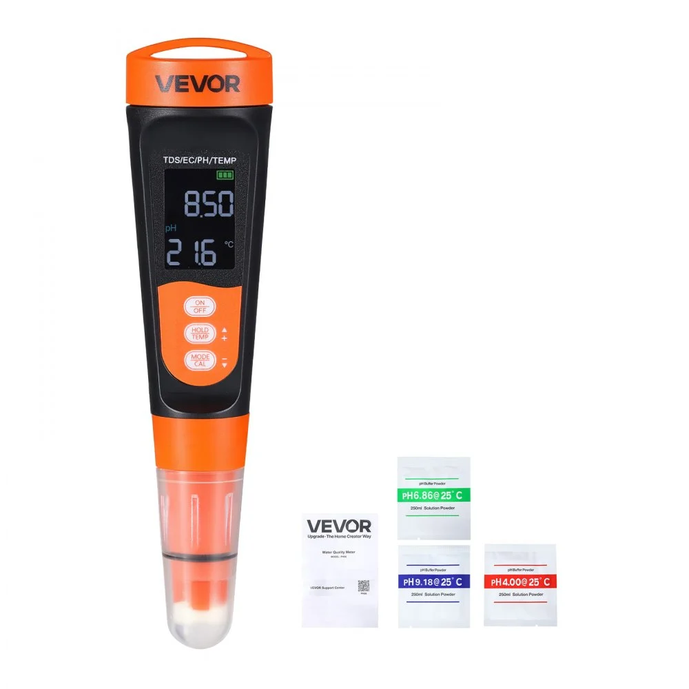 VEVOR pH Meter, Accurate pH/EC (Conductivity)/TDS (ppm) Multi-Parameter Measurement, IP68 Waterproof Probe, Pocket Tester Kit with Calibration Powder Packets, VA Display, for Water Quality Testing