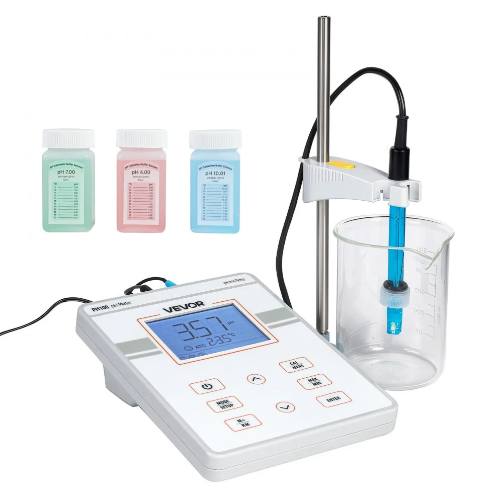 VEVOR Benchtop pH Meter, 0-14 pH Range, Laboratory Tester Kit with Large Backlit Display, Calibration Solutions, Power Adapter, Stores Up to 50 Readings, for Temperature and Water Quality Testing