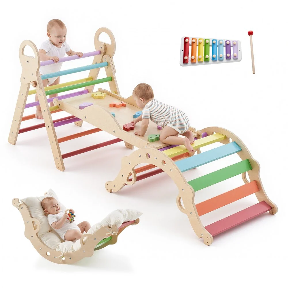 VEVOR Pikler Triangle Set, 9-in-1 Toddler Climbing Toys Indoor, with Xylophone, Cushion, Triangle, Arch, and Ramp, 150 lbs Load, Foldable Montessori Climbing Set for Toddlers and Kids, Rainbow
