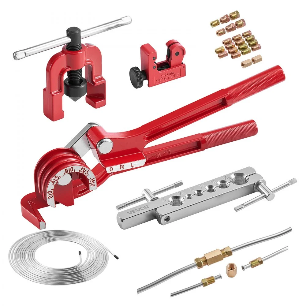 VEVOR 3/16" Brake Line Repair Kit, 45° Single Brake Line Flaring Tool Kit, 25FT Copper-Coated Brake Line with 20 Fittings & 2 Unions, 3-in-1 Tube Bender (1/4", 5/16", 3/8"), Tube Cutter Included