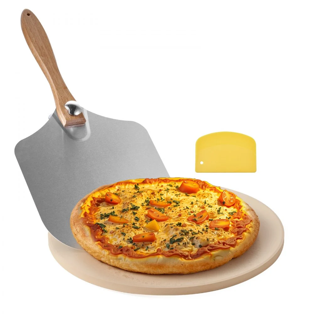 VEVOR Pizza Stone, 15 in Round Pizza Stone, 0.67 in Large Cordierite Baking-Stone with Metal Peel, Scrape, 1450℉ Heat-Resistant Cooking Stones, for Kitchen Oven, Baking Pizzas, BBQ Grilling