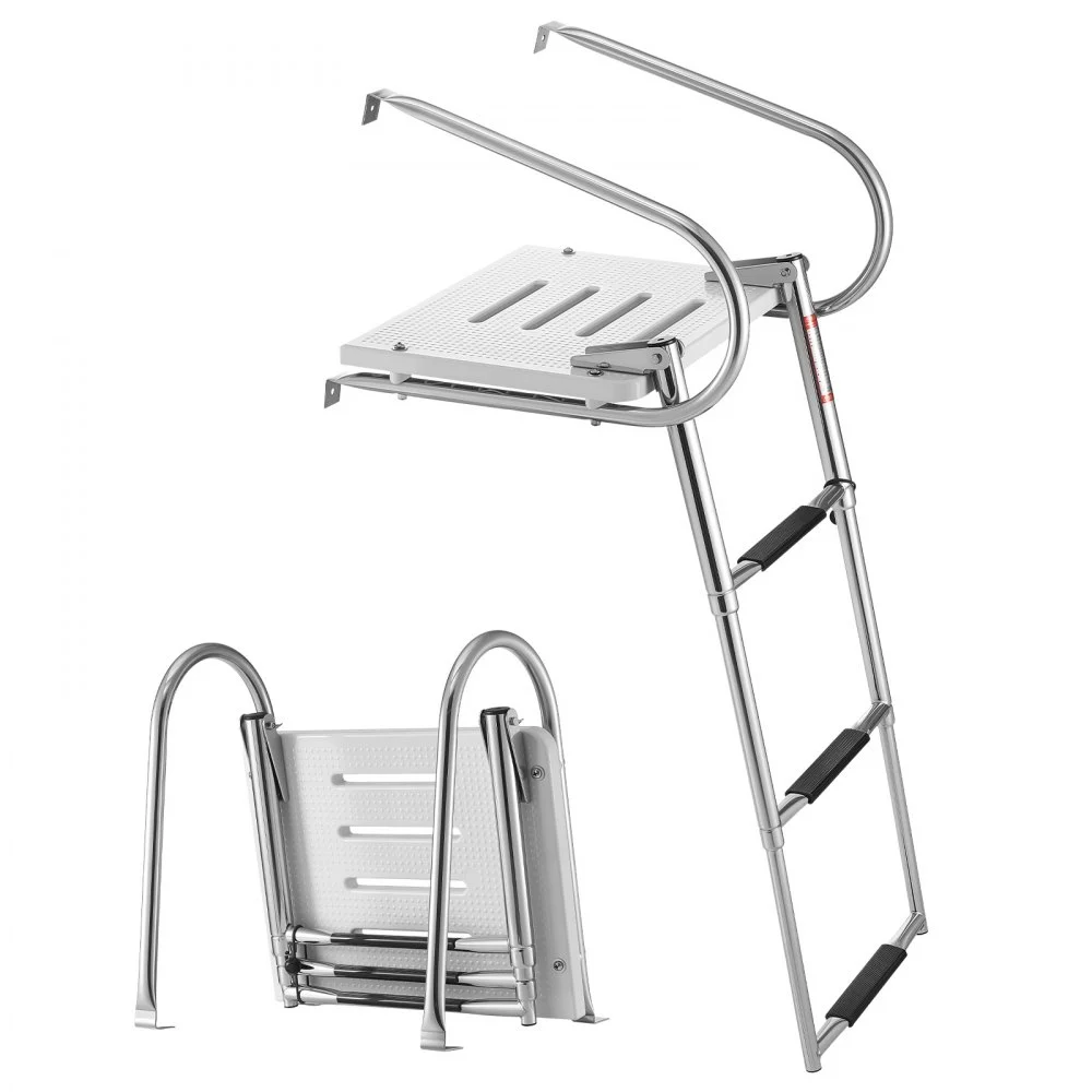 VEVOR Boat Ladder, 3 Steps, Stainless Steel Telescoping Folding Swim Deck Ladder for Rear Entry Inboard, 400 lbs Capacity with Wide Anti-Slip Steps & Handrails, for Outboards, Yacht, Pontoon Boats