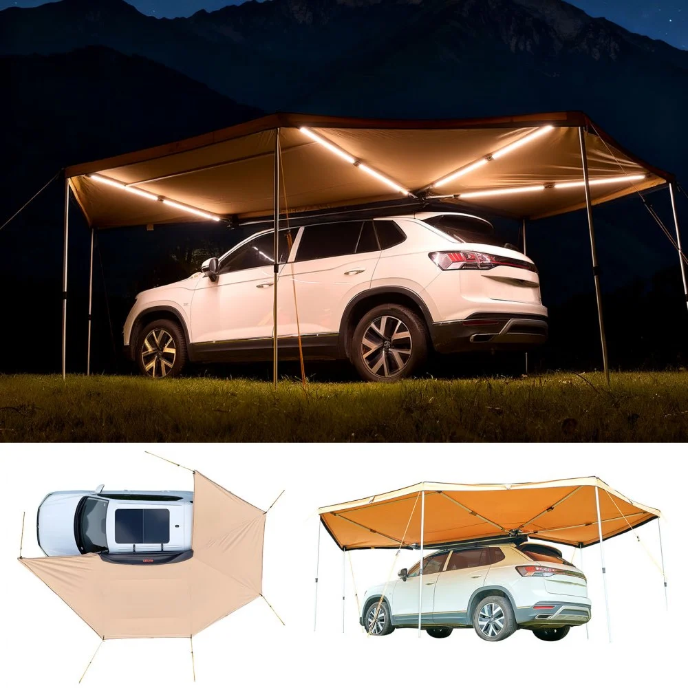 VEVOR 270 Degree Awning with Bulit-in LED Lights, 117 sq.ft Driver Side Vehicle Awning, Waterproof UV50+ Car Side Awnings, All-Weather Free-Standing Overland Awnings Car Shelter for SUV Truck Camping