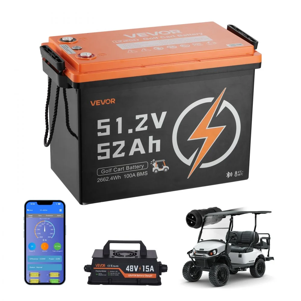 Summer Sale
VEVOR 48V (51.2V) 52AH Lithium Golf Cart Battery, with 15A Charger, Lifepo4 Battery Kit, Built-in 100A BMS, 4000 Cycles, 2C Discharge Rate, Bluetooth & Mobile APP, for Golf Carts, Trolling Motors