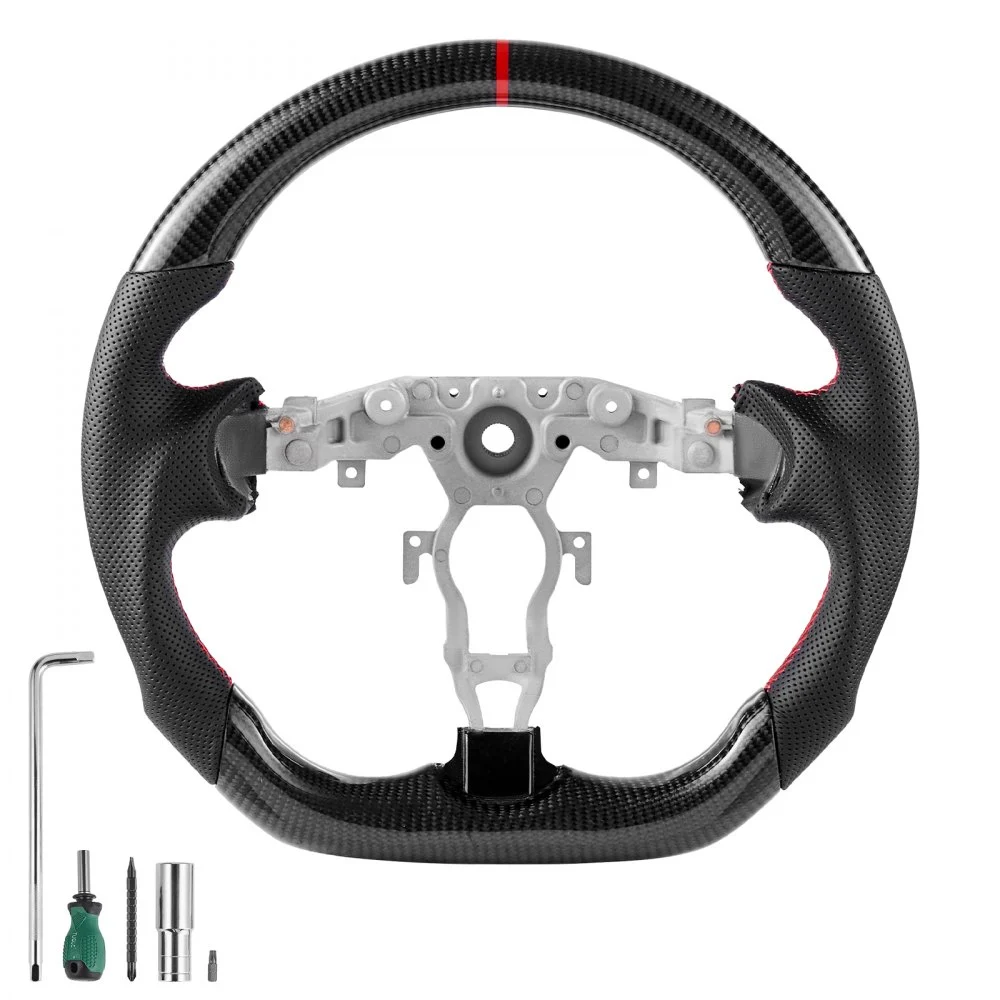 VEVOR Steering Wheel for 2008-2020 Nissan 370Z, Carbon Fiber Steering Wheel D-Shaped Flat-Bottom, Leather Grip with Non-Slip Texture & Precise Stitching, Accessories Replacement for Nissan 370Z, Black
