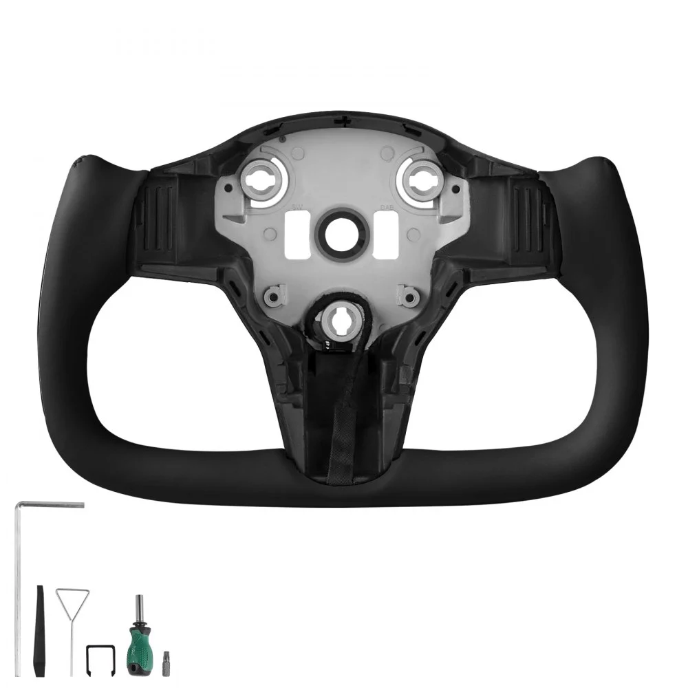 VEVOR Steering Wheel for 2016-2023 Tesla Model 3, Carbon Fiber Steering Wheel D-Shaped Flat-Bottom with Heating Function, Leather Grip with Non-Slip Texture, Accessories Replacement for Model 3, Black