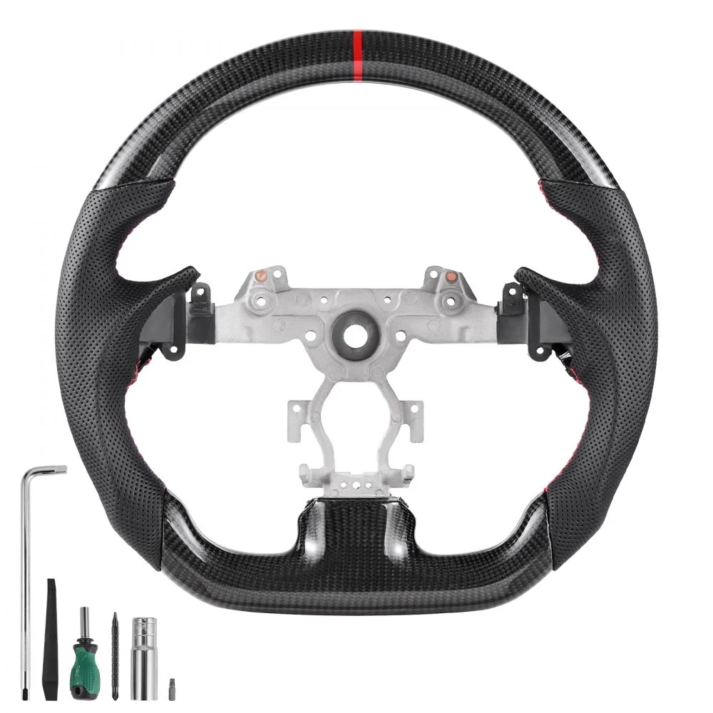 VEVOR Steering Wheel for 2007-2013 Infiniti G37, Carbon Fiber Steering Wheel D-Shaped Flat-Bottom, Leather Grip with Non-Slip Texture & Precise Stitching, Accessories Replacement for Infiniti, Black