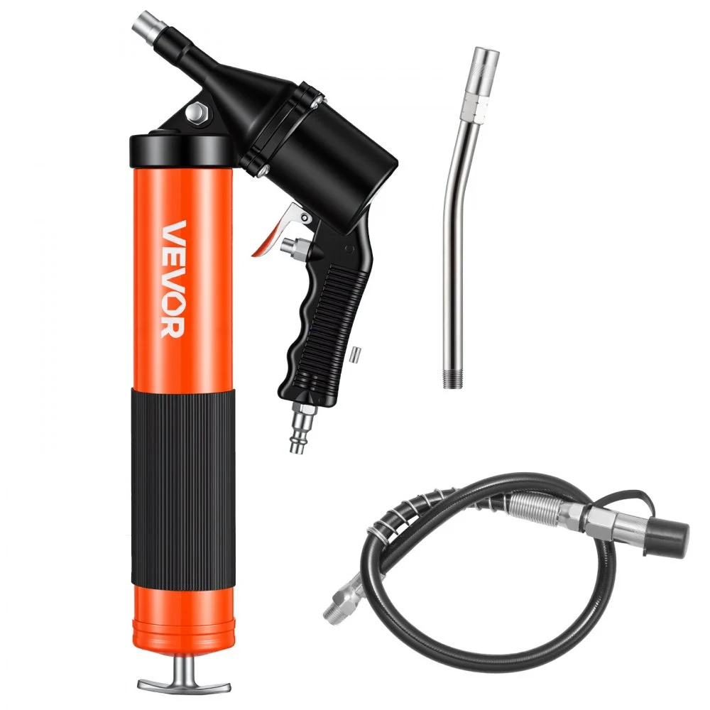 VEVOR Grease Gun, Continuous Cycle Heavy Duty 6000 PSI High Pressure, Pistol Grip Grease Gun Kit with 14 oz Capacity, Includes 18-Inch Flex Hose, 1 Extension Rigid Pipe, 2 Flat Nozzles for Automotive