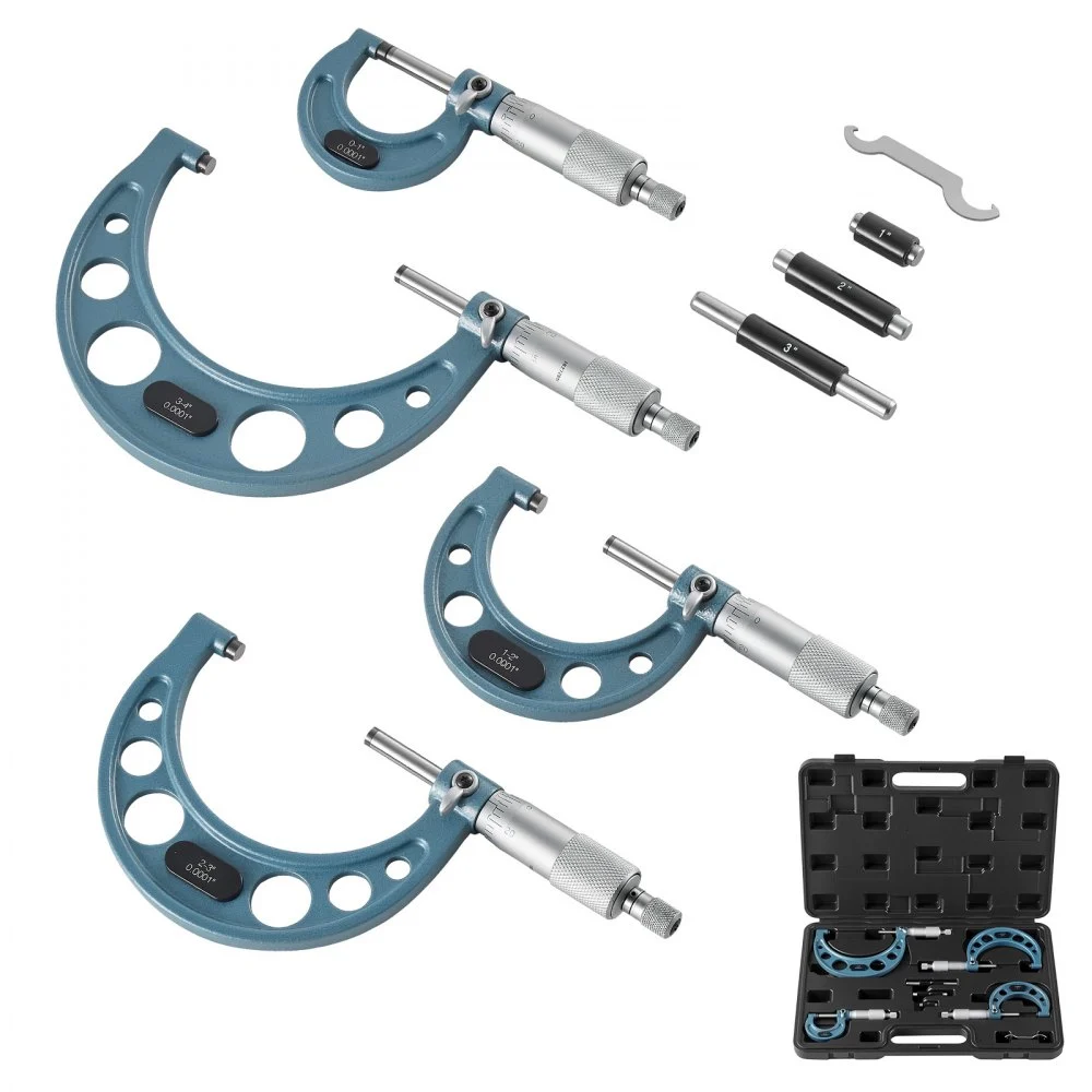 VEVOR 4 PCS Micrometer Set, 0-1"/1-2"/2-3"/3-4" Machinist Outside Micrometer, Ultra-Precision 0.0001 Accuracy, Professional Machinist Tools with Protective Case, for Metalworking & Engineering