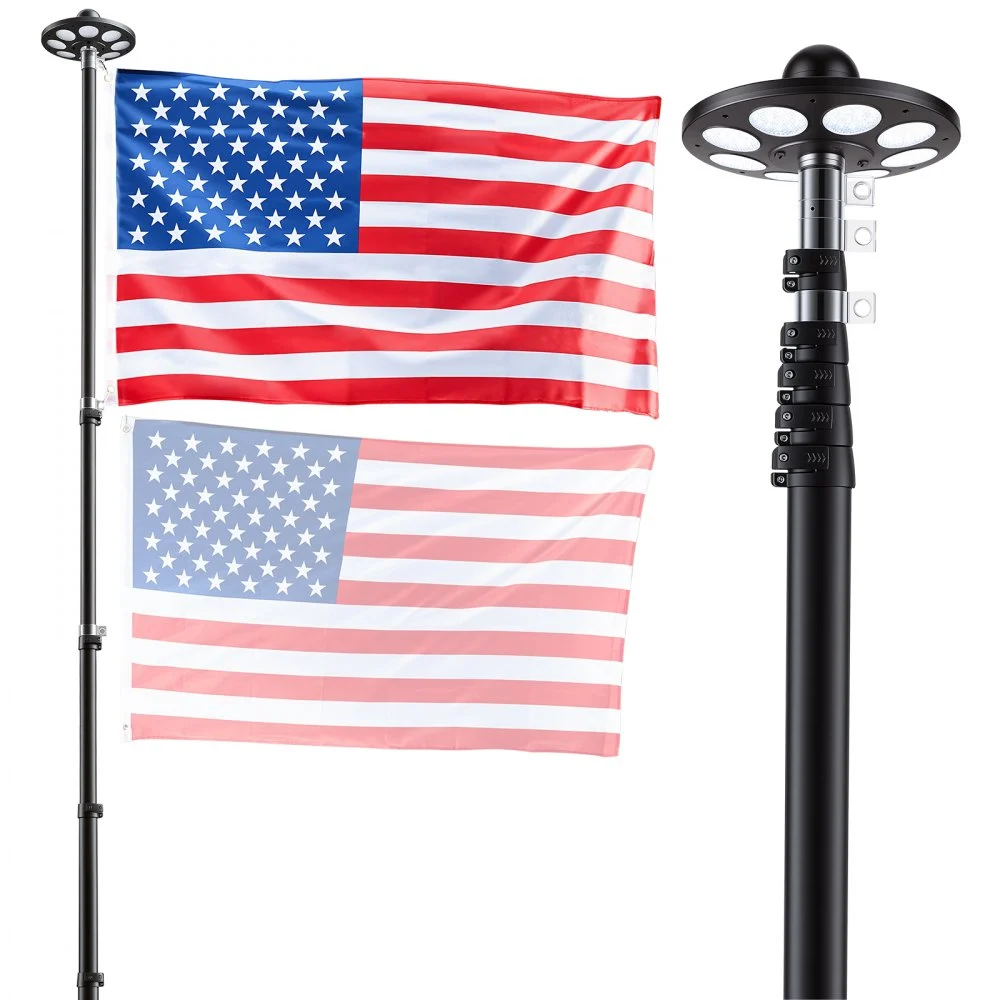 VEVOR Flag Pole, 20ft Heavy Duty Telescopic Flagpole Kit with 136 LED Solar Light for Outside House In Ground, Outdoor Aluminum Flagpole with 3x5 American Flag for Yard, Residential, Commercial, Black