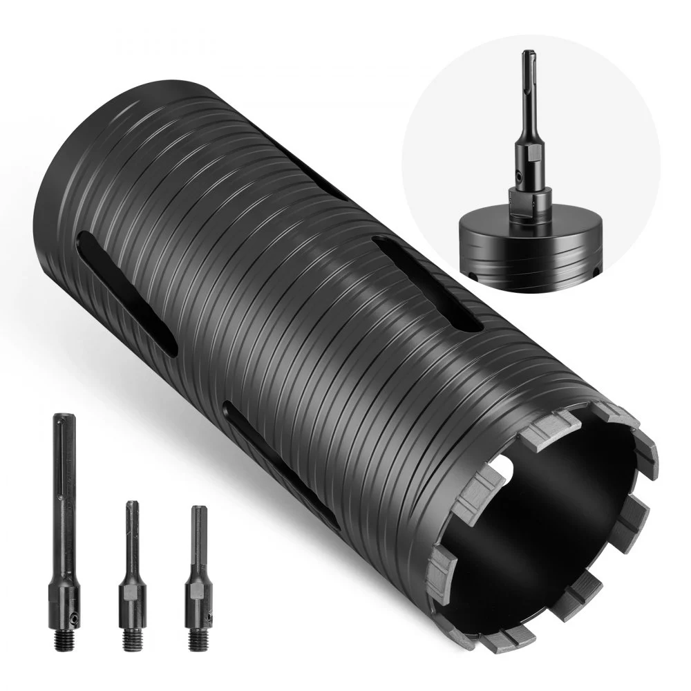VEVOR Core Drill Bit, 4 inch Diameter, 9-1/2 inch Drilling Depth, 5/8-11 Internal Thread, Diamond Dry Coring Bit with 3 Adapters, Pilot Drill and Hex Wrench, for Concrete, Red Bricks, and Masonry