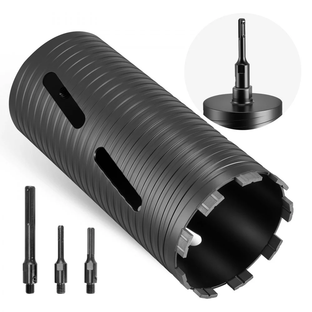 VEVOR Core Drill Bit, 4-1/2 inch Diameter, 9-1/2 inch Drilling Depth, 5/8-11 Internal Thread, Diamond Dry Coring Bit with 3 Adapters, Pilot Drill and Hex Wrench, for Concrete, Red Bricks, and Masonry
