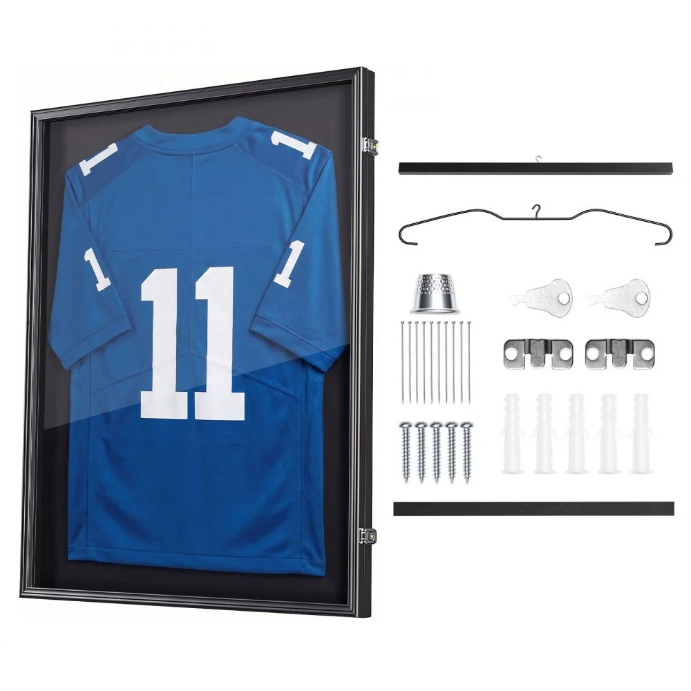 VEVOR Jersey Frame Display Case, 35.4 x 27.6 x 1.5 in, Lockable Wooden Sport Jersey Shadow Box with 98% UV Protection PC Panel and Hanger, for Baseball Basketball Football Hockey Shirt and Uniform