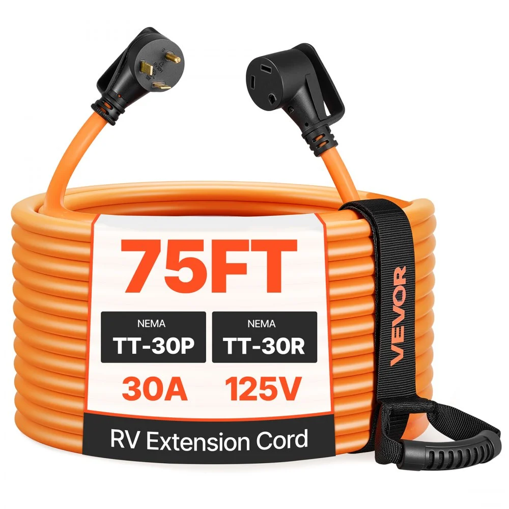 VEVOR 30 Amp 75 Feet RV Extension Cord, 125V 2500W, Heavy Duty 10/3 Gauge STW RV Power Cord, NEMA TT-30P to NEMA TT-30R, with Power Indicator, Cord Organizer, 15A Adapter, for Camper Travel Trailer