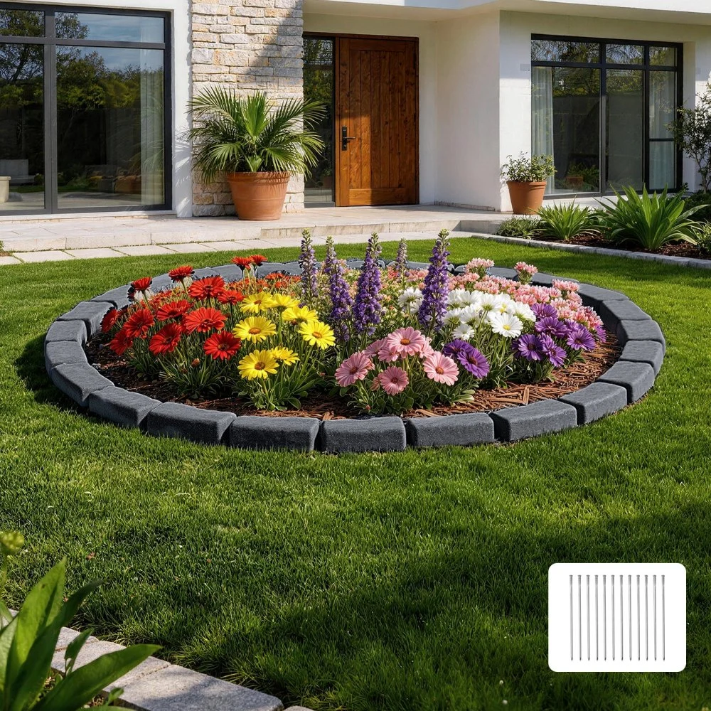 VEVOR Faux Stone Landscape Edging, 15.5 ft Kit, No Dig Garden Edging Border, Blocks for Lawn, Flower Beds, Yards, 4 Pack Each Section Has 6 Bricks 46.46"L x 3.74"W x 2.24"H, 12 Spikes, Charcoal Black