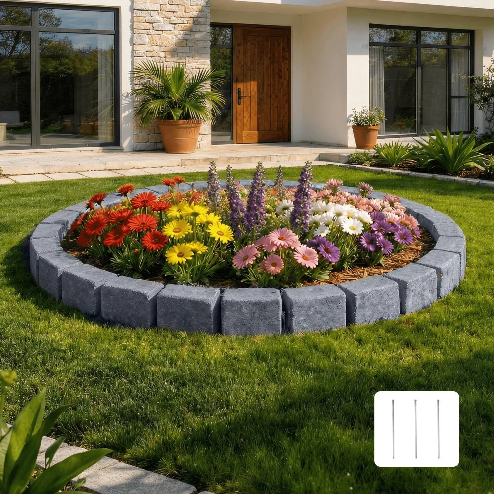 VEVOR Faux Stone Landscape Edging, 46.85" Kit, No Dig Garden Edging Border, Blocks for Lawn, Flower Beds, Yards, 1 Pack Each Section Has 6 Bricks 46.85"L x 3.94"W x 6.1"H, 3 Spikes, Sandstone Gray