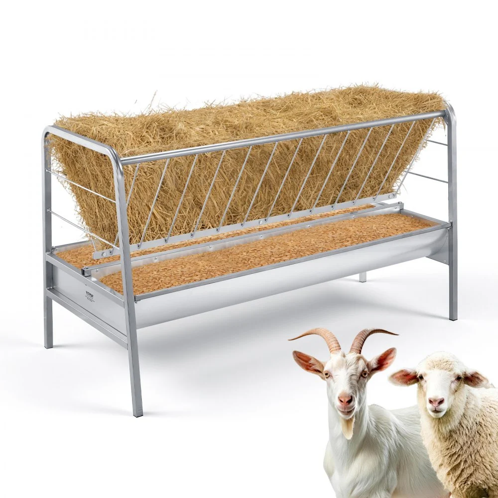 VEVOR Livestock Hay Feeder, 2 in 1 Grain & Hay Feeder, 80-Gallon Capacity, 57.9" Long Goat Pasture Feeding with Deeper Feeding Pan, Heavy Duty Steel Grain Holder for Sheep Sheds, Farms, Horse Barns