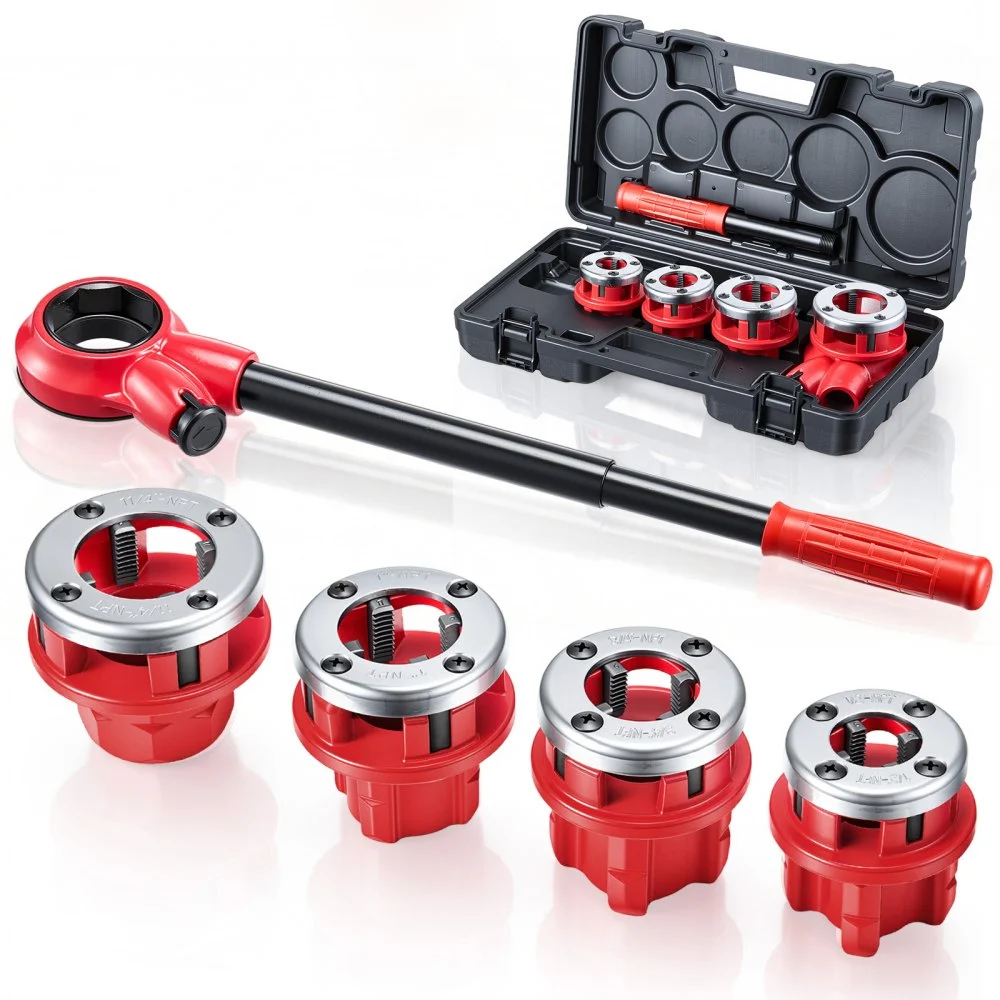 VEVOR Ratchet Pipe Threader Kit with 4 Dies, 1/2" NPT, 3/4" NPT, 1" NPT, 1-1/4" NPT Manual Ratcheting Pipe Threading Tool, Portable Pipes Threader Set with Toolbox for Plumbing Installation & Repair
