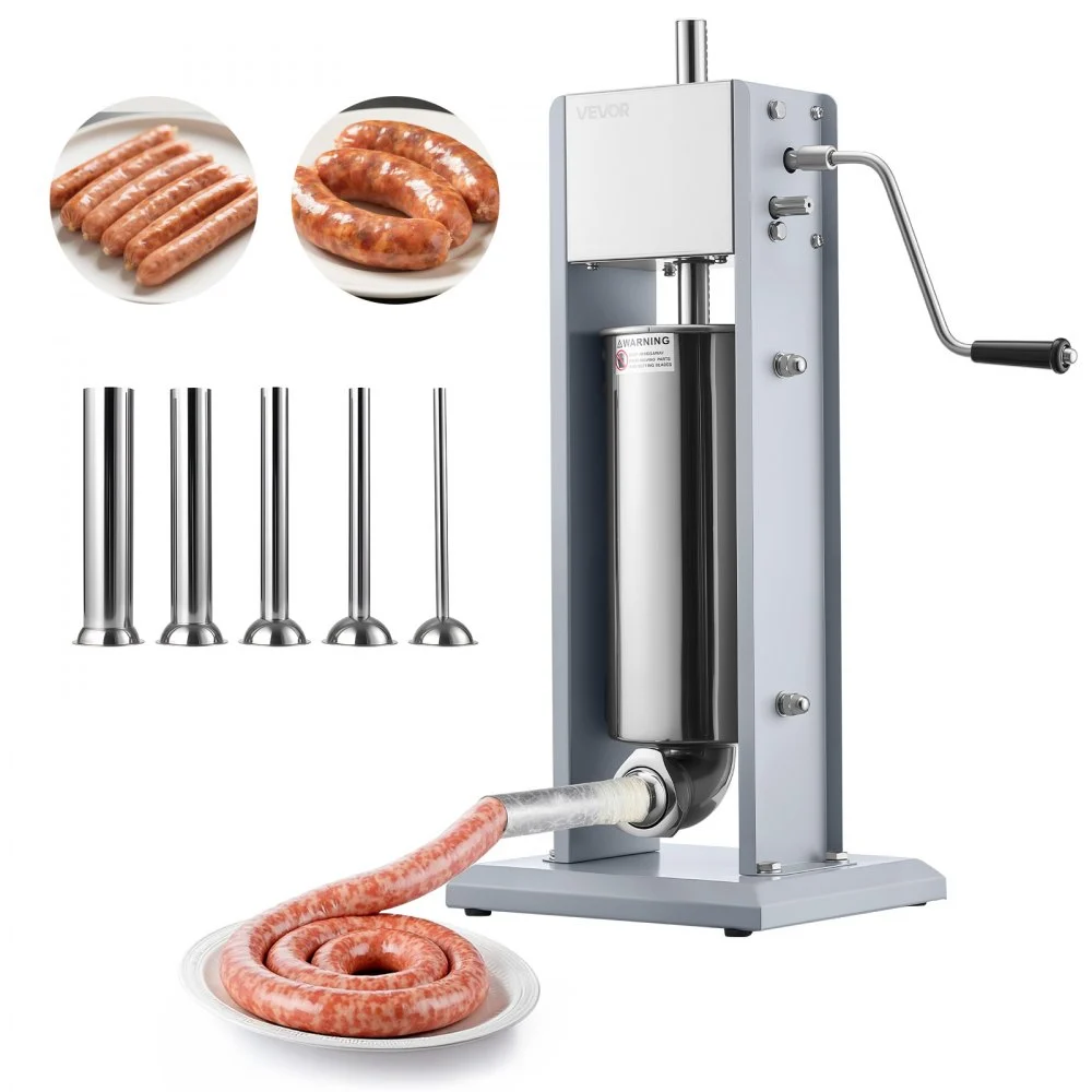 VEVOR Manual Sausage Stuffer, 11 LBS / 5 L Vertical Meat Stuffer, Heavy Duty Sausage Casing Meat Stuffing Machine, Dual-Speed Stainless Steel Filler with 5 Filling Tubes, for Commercial and Home Use