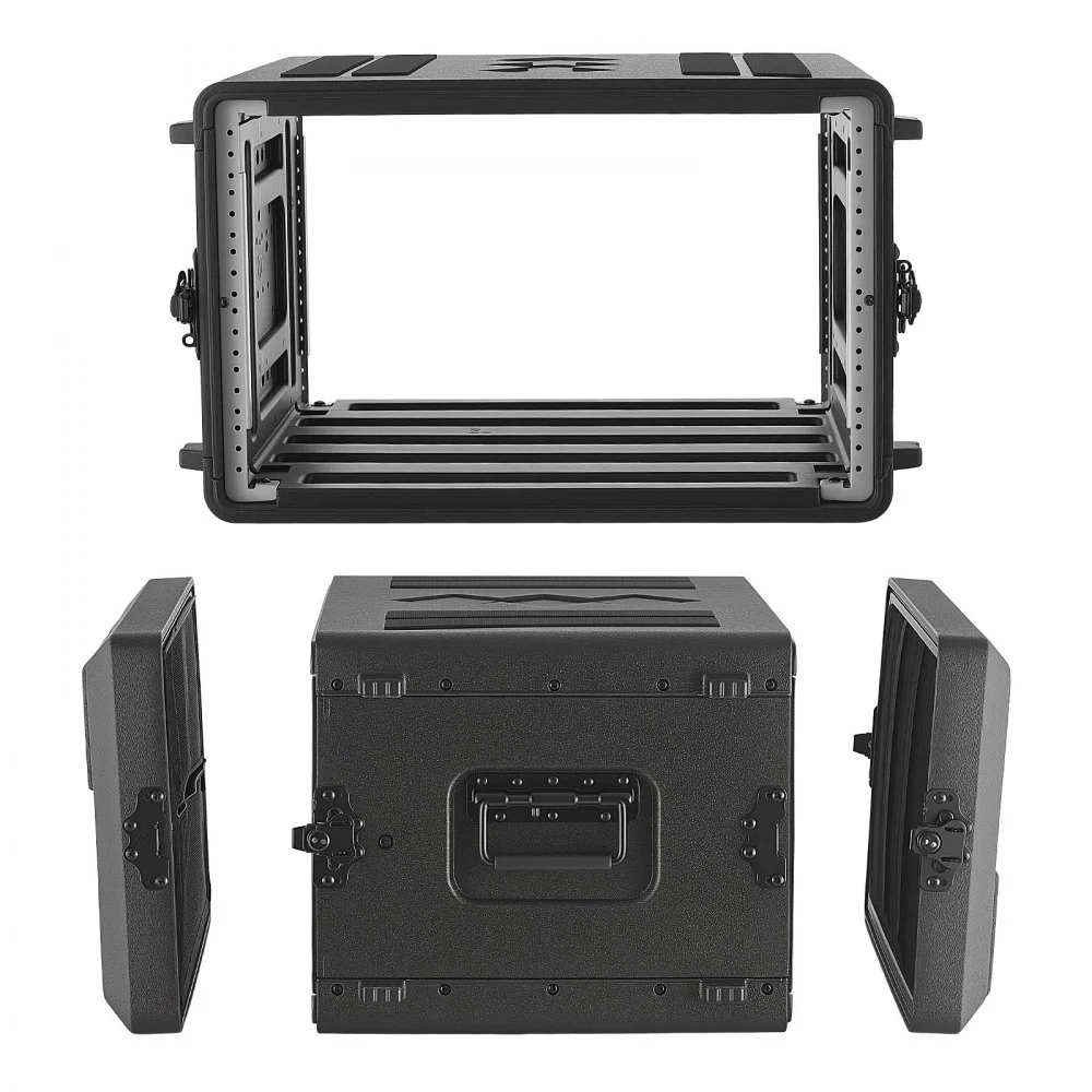 VEVOR 6U Rack Case, 15 in Depth, Rackmount Flight Case Shallow Rack with Microphone Compartments, Polyethylene Construction, Recessed Latches, Easy Installation, for Amplifier, 13.8 in Internal Depth