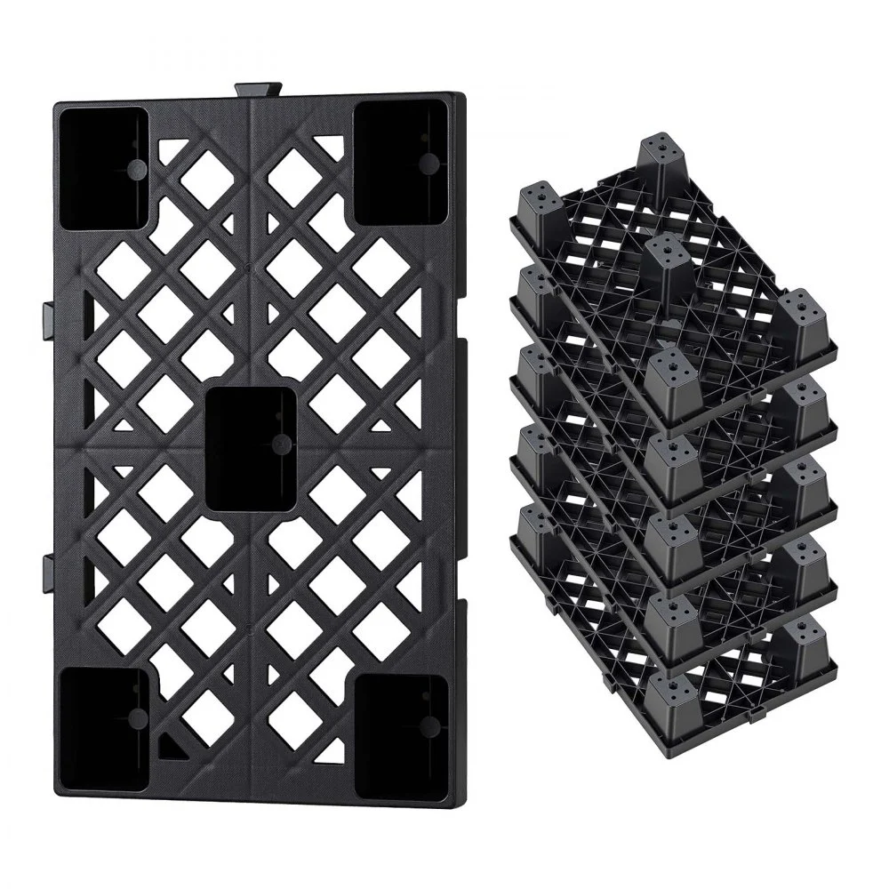 VEVOR Plastic Pallets, 6 Pcs Plastic Pallets for Basement Storage, Nestable Lightweight Waterproof Storage Pad with Breathable Grid for Indoor Outdoor Supermarket Warehouse, 19.7" x 12" x 3.9", Black