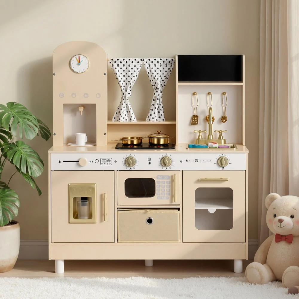 VEVOR Play Kitchen for Kids, Wooden, Kids Kitchen Playset with Realistic Lights & Sounds, Food & Cookware, Modern Style Pretend Play Toy Set, Ice Maker, Microwave, for Toddlers, Girls & Boys Ages 3-8