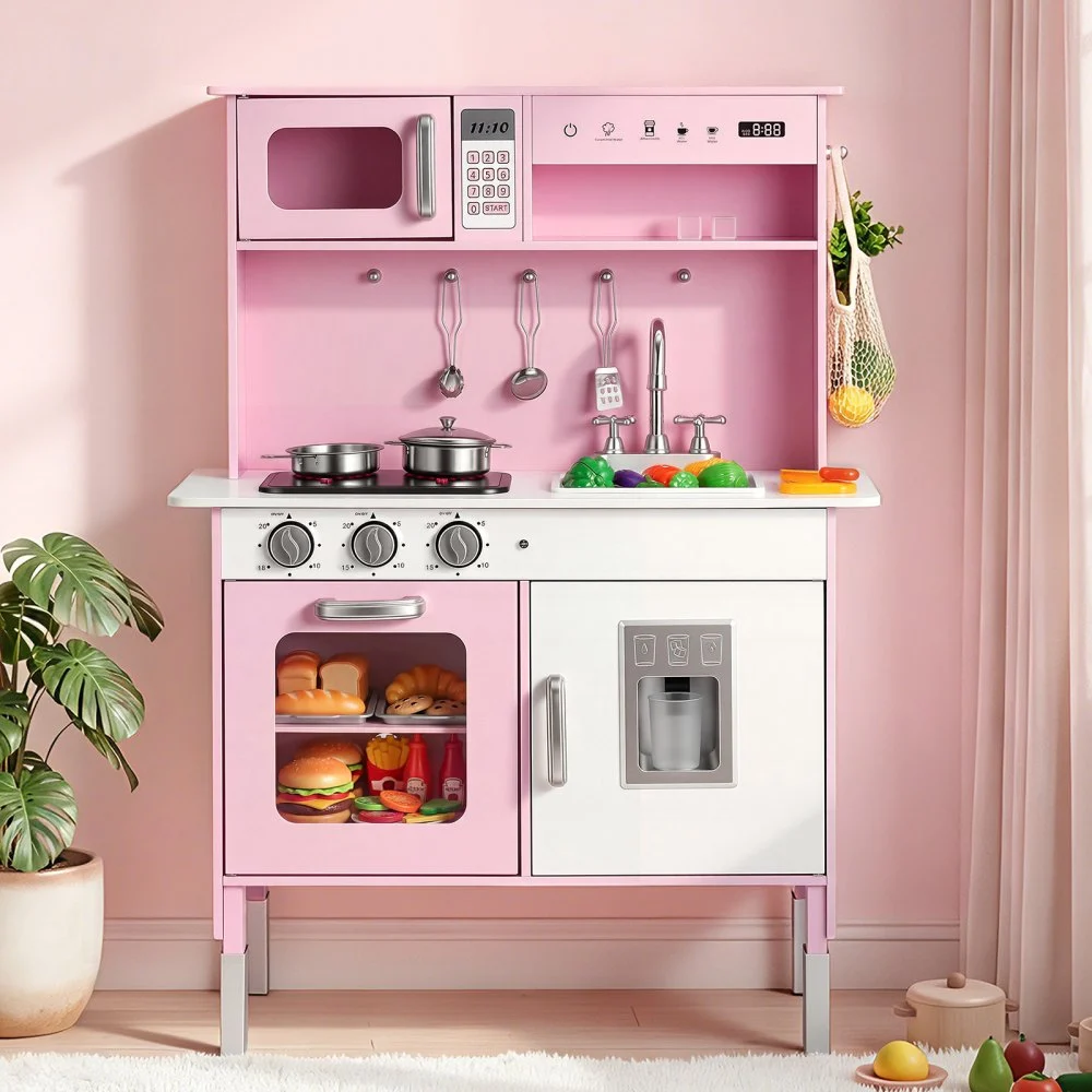 VEVOR Play Kitchen for Kids, Wooden, Kids Kitchen Playset with Real Lights & Sounds, Food & Cookware, Pretend Play Toy Set, Microwave, Oven, Clicking Knobs, for Toddlers, Girls & Boys Ages 3-8, Pink