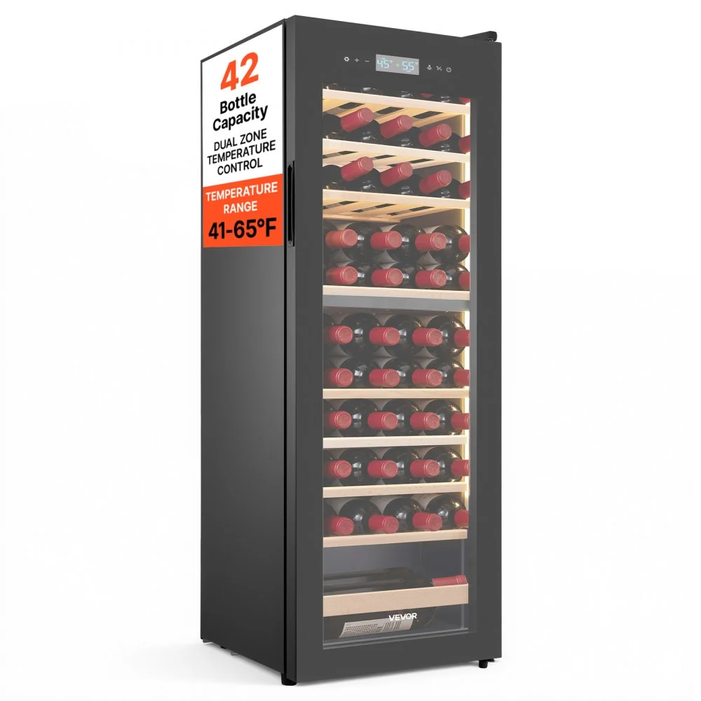 Summer Sale
VEVOR 42 Bottle Wine Fridge, Freestanding Wine Cooler Refrigerator, Dual Zone Cooler, 41℉ to 65℉ Adjustable Temp Mini Cellar, Glass Door, For Home Office Bar, Red White Champagne or Sparkling Wines