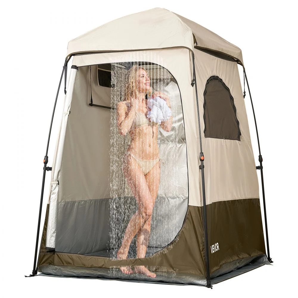 VEVOR Camping Shower Tent, 1 Room, Foldable Privacy Tent Changing Room with Ground Stakes, Ropes, Carry Bag, and Crossbar, 210D Oxford Fabric with Silver Coating, for Camping, Beach, and Fishing