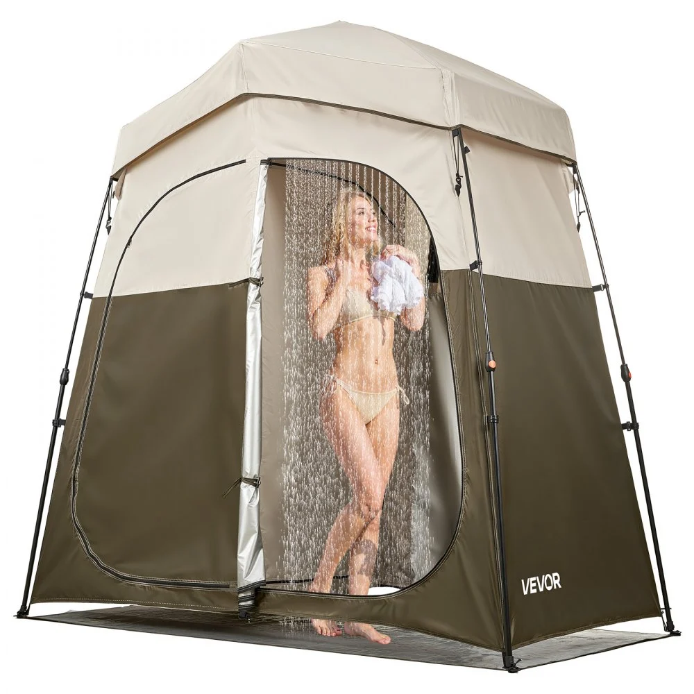 VEVOR Camping Shower Tent, 2-Room Foldable Portable Privacy Tent Changing Room with Ground Stakes, Ropes, and Carry Bag, 150D Oxford Fabric with Silver Coating, for Camping, Beach, and Fishing