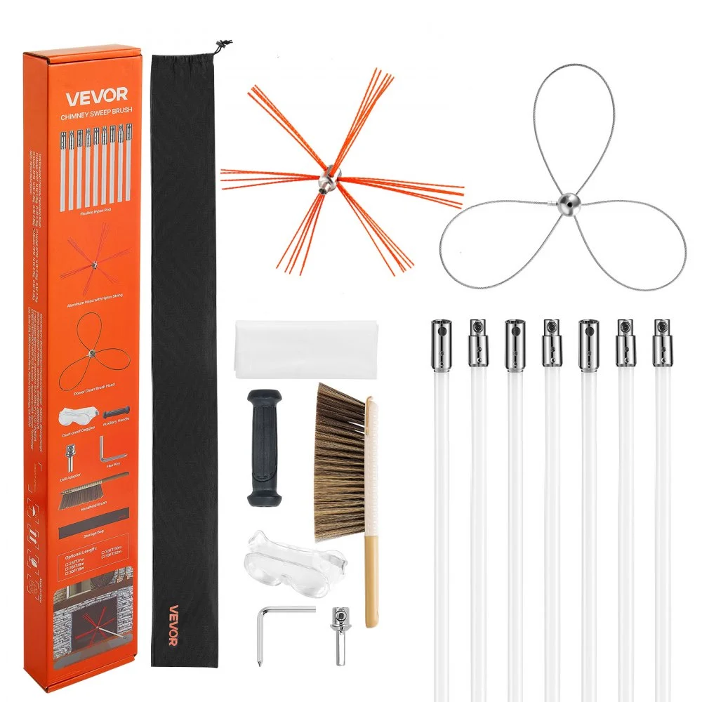 VEVOR Chimney Sweep Kit, 23 ft Maximum Extendable Length Chimney Brush, Chimney Cleaner Sweeper with Dual Brush Heads, Brush & Goggles, Fireplace Cleaning Tool for Square, Rectangle, Arch Chimneys