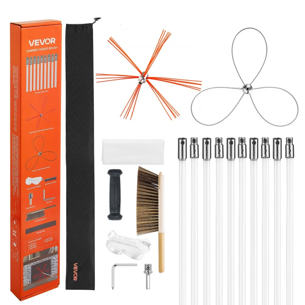 VEVOR Chimney Sweep Kit, 33 ft Maximum Extendable Length Chimney Brush, Chimney Cleaner Sweeper with Dual Brush Heads, Brush & Goggles, Fireplace Cleaning Tool for Square, Rectangle, Arch Chimneys