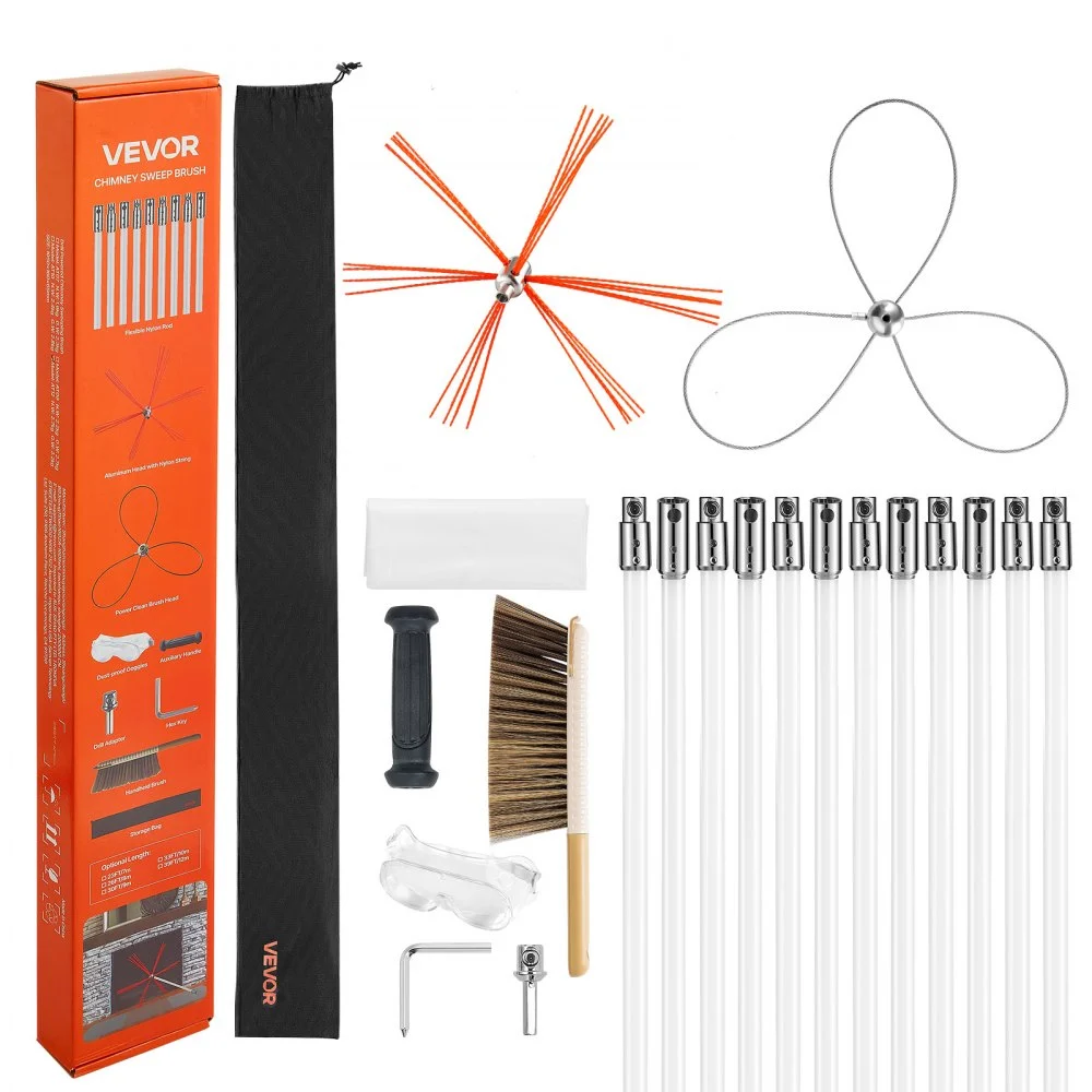 VEVOR Chimney Sweep Kit, 39 ft Maximum Extendable Length Chimney Brush, Chimney Cleaner Sweeper with Dual Brush Heads & Bristle Replacements, Fireplace Cleaning Tool for Square, Rectangle Chimneys