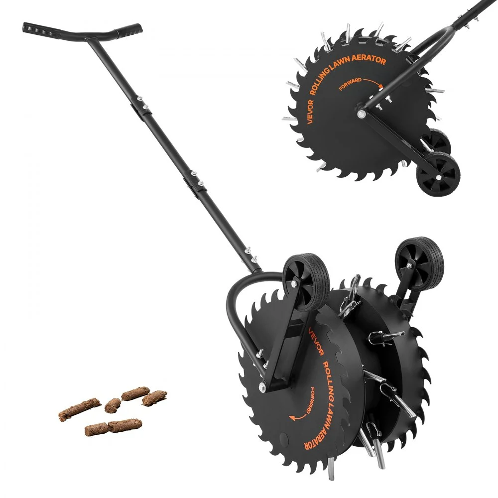 VEVOR Rolling Lawn Core Aerator, 16.6 in Coring Aerator Roller with Anti-Clog Tines, Heavy Duty & Rust-Resistant, Yard Grass Pulling Plugs Manual Aeration Tool for Compacted Garden Soil Loosening