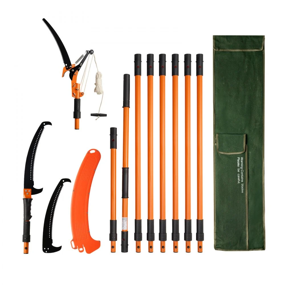 VEVOR Manual Pole Saw, 4.46-26.4 ft Extendable Tree Pruner with Scissors, Sharp 65Mn Steel Blade, Lightweight Fiberglass Handle Pole, Two Double-Hook Saws, for High Branch Trimming, Palms and Shrubs