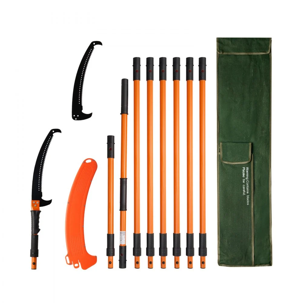 VEVOR Manual Pole Saw, 4.46-26.4 ft Extendable Tree Pruner, Sharp 65Mn Steel Blade, Lightweight Fiberglass Handle Pole, Two Double-Hook Saws for High Branch Trimming, Pruning Tool for Palms, Shrubs