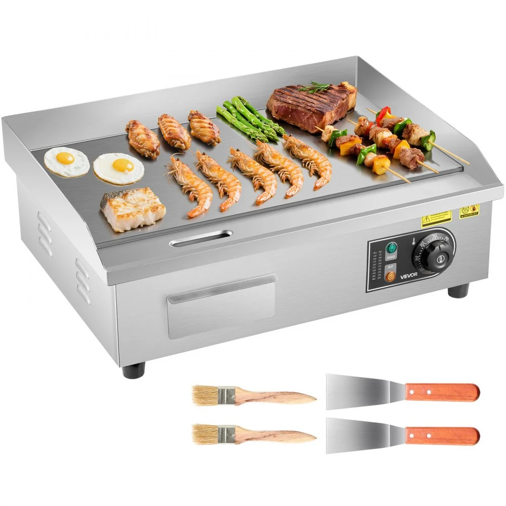 VEVOR Commercial Electric Griddle, 1750W, 122-570°F Adjustable Temp Control, Stainless Steel Countertop Flat Top Grill with 2 Spatulas, 2 Brushes and 4 Foot Pads, for Steak, Pancake