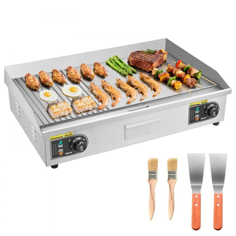 VEVOR Commercial Electric Griddle, 28.54 x 15.75 in, 2800W, 122-570°F Adjustable Temp Control, Stainless Steel, Half Grooved Half Flat, with 2 Spatulas, 2 Brushes, and 4 Foot Pads, for Steak(NO PLUG)