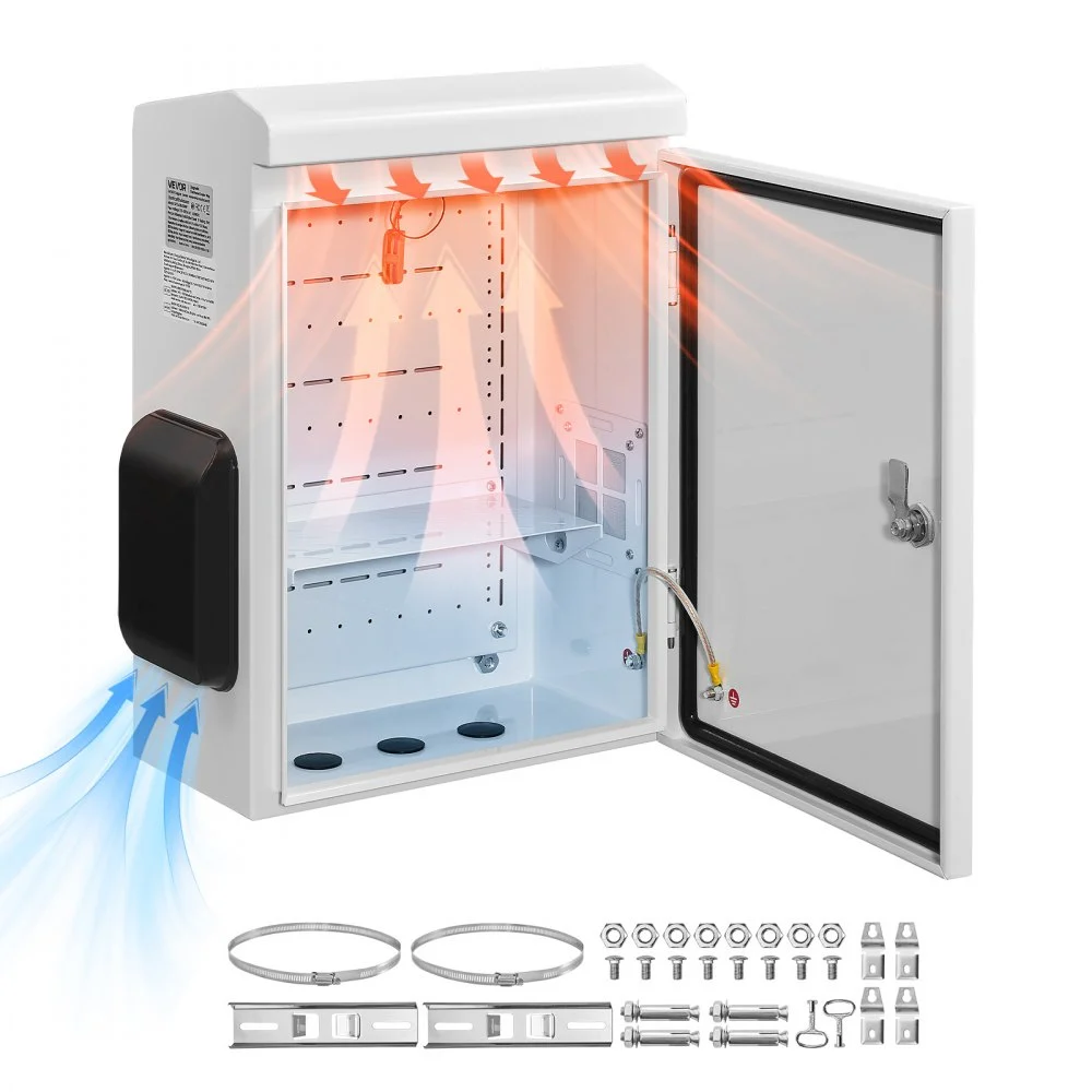 VEVOR Outdoor Electrical Box, Cold-Rolled Steel, Electrical Junction Box with Thermostat and Fan, Rain Hood, Ventilated Design, IP65 Waterproof Hinged Enclosure, Wall/Pole Mounted, 20 x 16 x 8 in