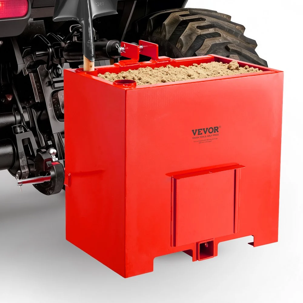 VEVOR Ballast Box, 3-Point Category 1 Tractor Ballast of 800 lbs Capacity, with Standard 2 Inch Hitch Receiver, Heavy-Duty Steel 5 ft³ Large Volume Durable Loader Attachment with Sliding Door, Red