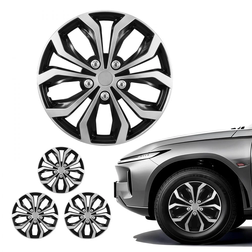 VEVOR Hubcaps Wheel Covers, 15 Inch Set of 4 Wheel Rim Cover Hubcaps OEM Replacement, R15 Size Snap On Car Hub Caps, Universal 10-Spoke ABS Tire Rim Caps for Hyundai Chevrolet Ford Honda, Silver/Black