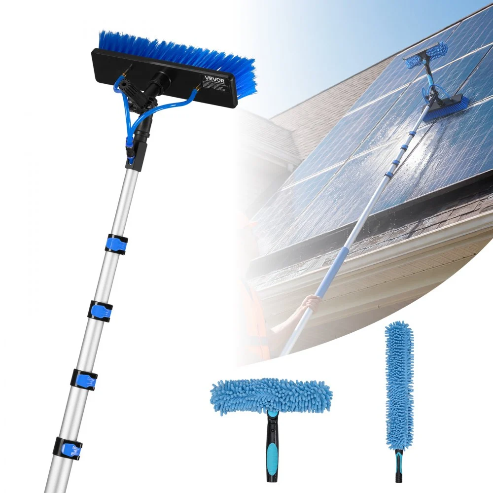 VEVOR Solar Panel Cleaning Kit, 26 ft, Water Fed Pole Kit with Cleaning Brush, Soap Dispenser, Extendable Aluminum Telescopic Pole, 180° Rotatable Brush Head, for Roof Mounted Solar Panels, Windows